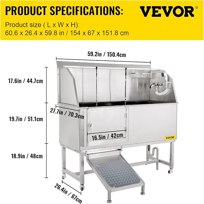 VEVOR Dog Grooming Tub, 304 Stainless Steel Pet Grooming Tub Rated 661LBS Load - Image 8