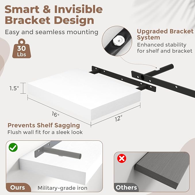 16 Inch Floating Shelves for Wall Set of 2, Easy Install Engineered Wood - Image 2