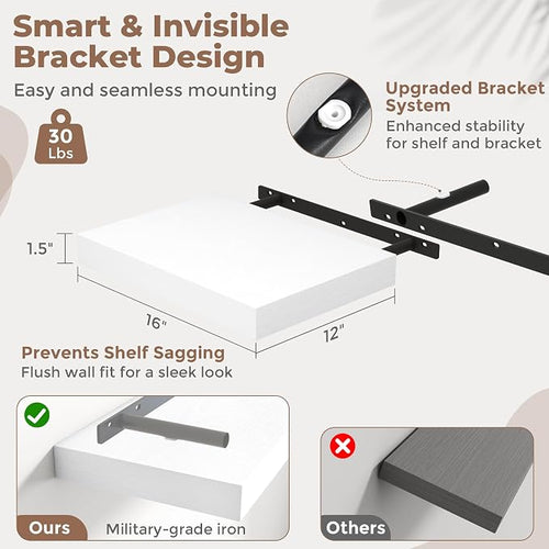 16 Inch Floating Shelves for Wall Set of 2, Easy Install Engineered Wood - Image 2