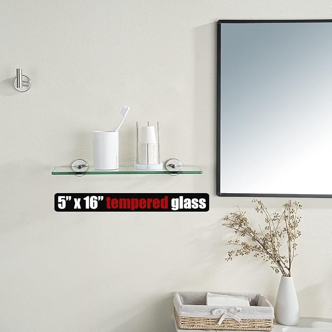 JQK Bathroom Glass Shelf Brushed Steel, Tempered Glass Shower Storage 16 by 5 - Image 2