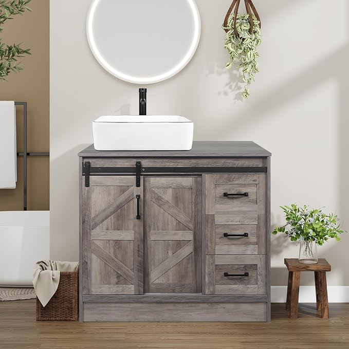 36-Inch Barn Door Bathroom Vanity, Farmhouse Style Standing Cabinet Without Sink - Image 2
