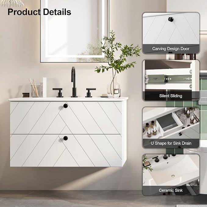 Floating Vanity with Sink 30", Bathroom Vanities Cabinet with White Ceramic Sink - Image 4