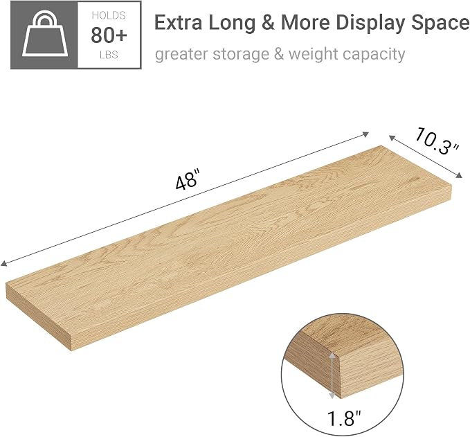 Vivelove Single Floating Shelves Oak 48 Inches, 48 x 10 inch Deep x 1.8 in Thick - Image 3
