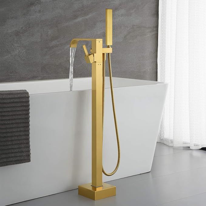 Freestanding Bathtub Faucet Tub Filler Brushed Gold Floor Mount Faucets Brass - Image 3