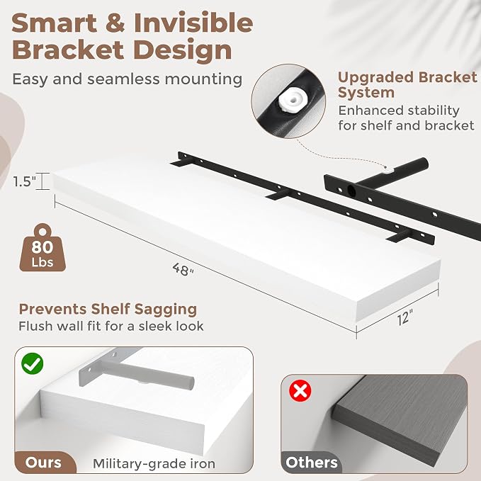 48 Inch Long Floating Shelves for Wall Set of 2, Easy Install Engineered Wood - Image 2