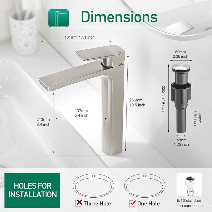 VOTON Brushed Nickel Vessel Sink Faucet Single Handle Tall Bathroom Sink Faucet - Image 6