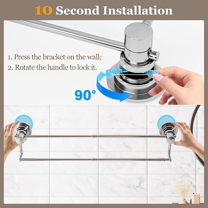 Suction Cup Double Towel Bar Adjustable 13"-25", Bath Sheet Rack Stainless Steel - Image 5