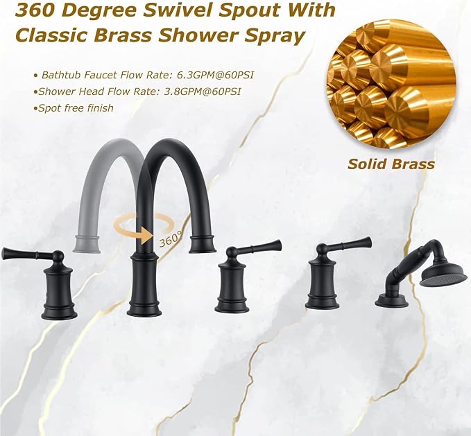 Matte Black Roman Bathtub Faucet Set 5 Hole Deck Mount, Classic Tub Filler - Image 5