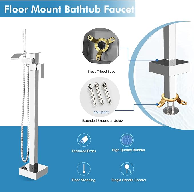 RUMOSE Tub Filler Freestanding Bathtub Faucet Polished Chrome Floor Mount Tub - Image 8