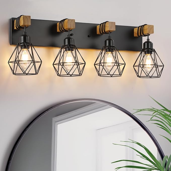 4 Light Farmhouse Vanity Light for Bathroom, Wood Bathroom Vanity Light by LIGHTUPYOURLIFE