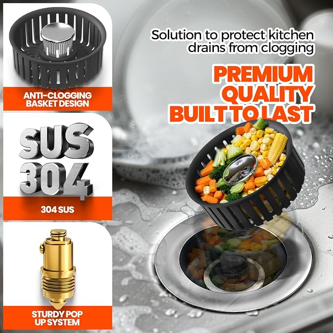 3 in 1 Kitchen Sink Drain Strainer & Sink Stopper Upgraded Stainless Steel - Image 2