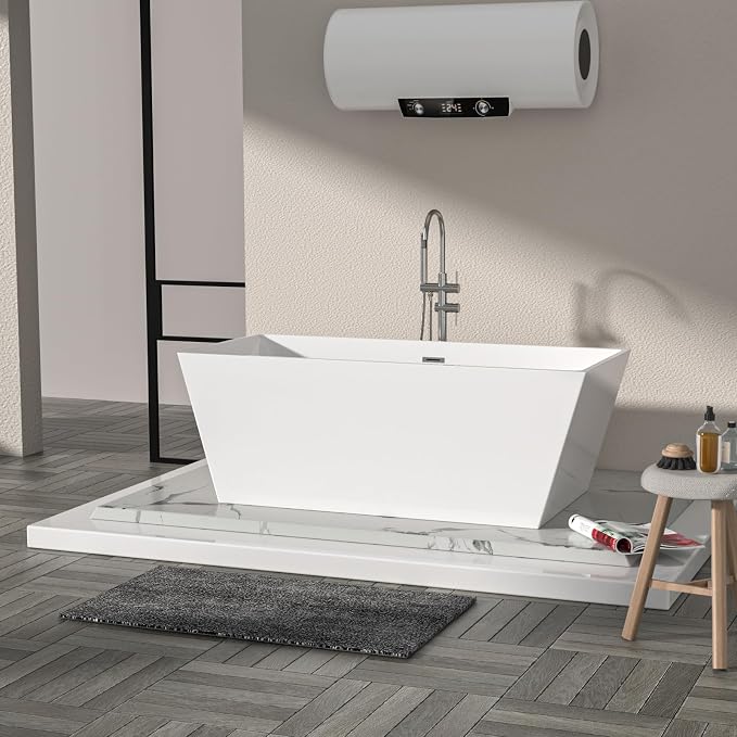 Logmey 67 Inch Bathtub White Acrylic Freestanding Rectangle Deep Soaking Tub - Image 3