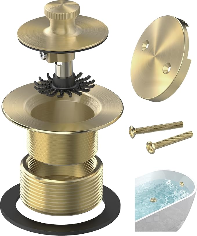Brushed Gold Bathtub Drain, Hair Catcher and 2-Hole Overflow Faceplate by AllProducts