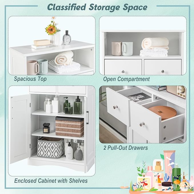 Tangkula Bathroom Cabinet, Floor Standing Storage Organizer w/2 Drawers & 2 - Image 7