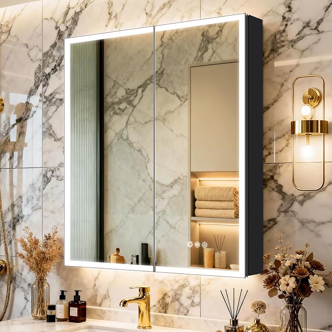 Aluminum Medicine Cabinet with Light, Stepless Glass Shelf, 3 Colors Temperature by Bath+Product+for+Global+Market