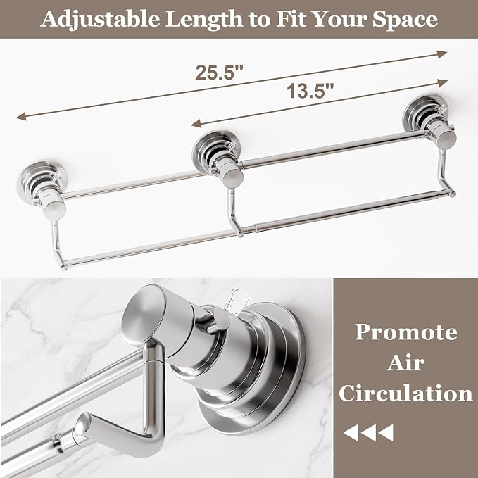 Suction Cup Double Towel Bar Adjustable 13"-25", Bath Sheet Rack Stainless Steel - Image 2