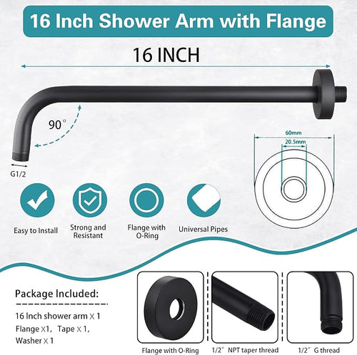 16 Inch Shower Arm with Flange, Stainless Steel 90 Degree Rain Shower Head - Image 2