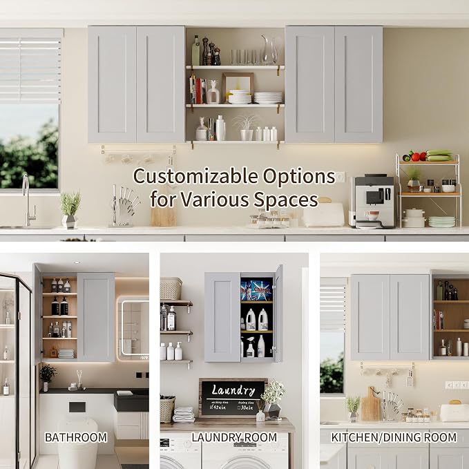 33 Inch Laundry Room Cabinets Wall Mounted, Solid Wood Over The Toilet Storage - Image 9