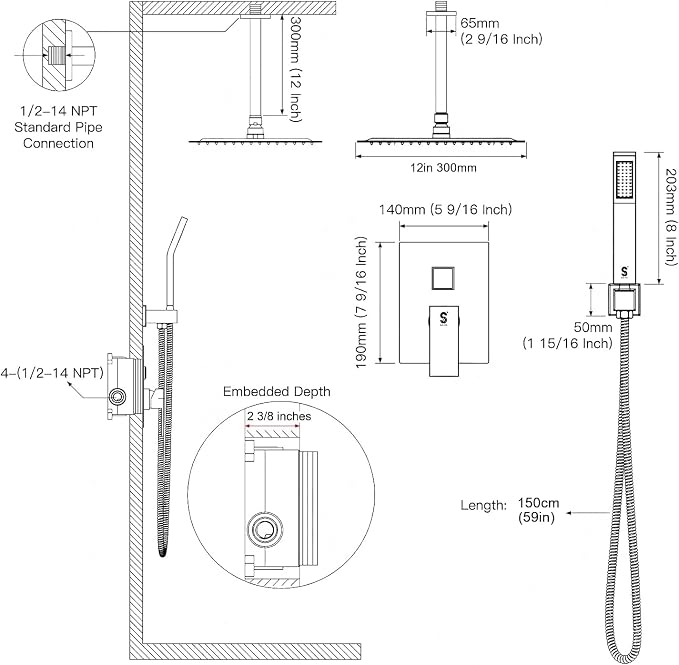 12 Inch Ceiling Mount Shower System Matte Black Rain Mixer Shower Combo Set - Image 8