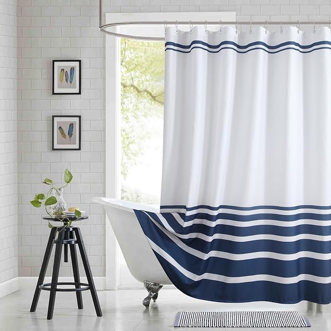 Extra Long Blue and White Striped Shower Curtain 72x84 Inches, Waterproof Fabric by BESTRIPES