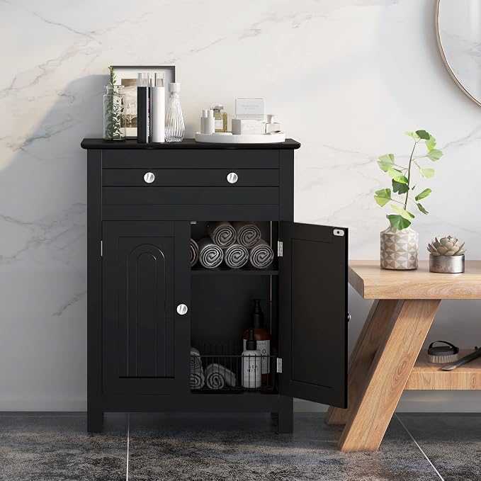 COSTWAY Bathroom Floor Cabinet, Wooden Side Storage Organizer w/Larger Drawer - Image 2