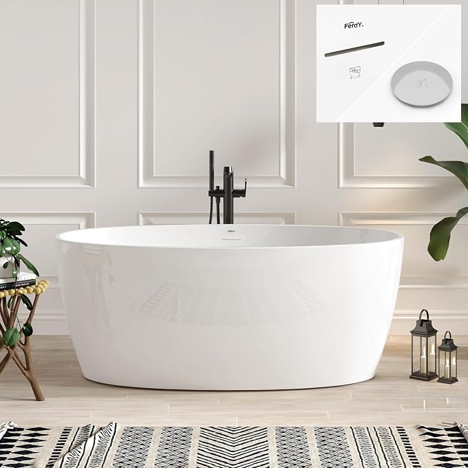 FerdY Tahiti 59" Acrylic Freestanding Bathtub, Elegant Oval Shape Bathtub by FerdY