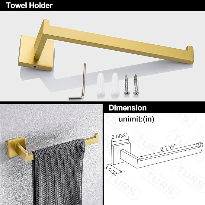 TURS Brushed Gold 4-Pieces Bathroom Hardware Set Towel Bar Set Include 16 Inch - Image 5