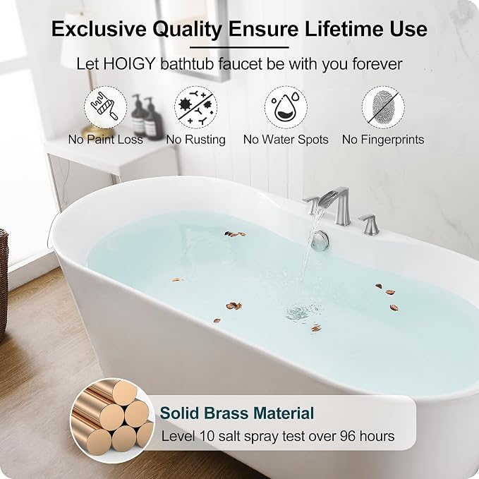 3 Hole Roman Tub Faucet Waterfall Brass Brushed Nickel Bathtub Faucet Set - Image 5
