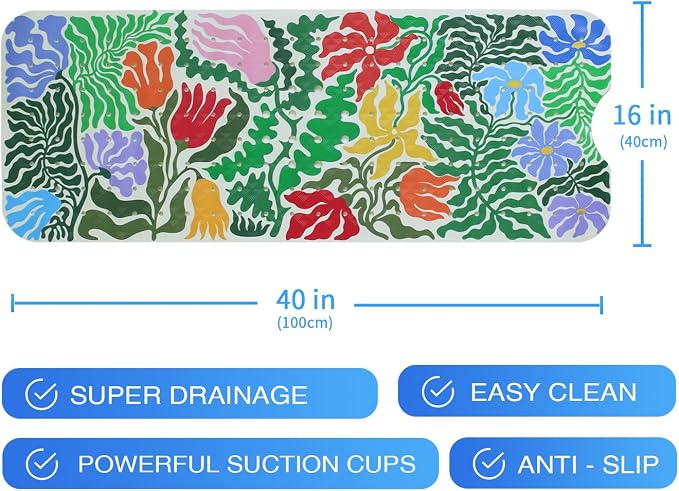 Plant Bathtub Mat Non Slip for Kids 40x16in Extra Long Floral Anti Slip Bath - Image 7