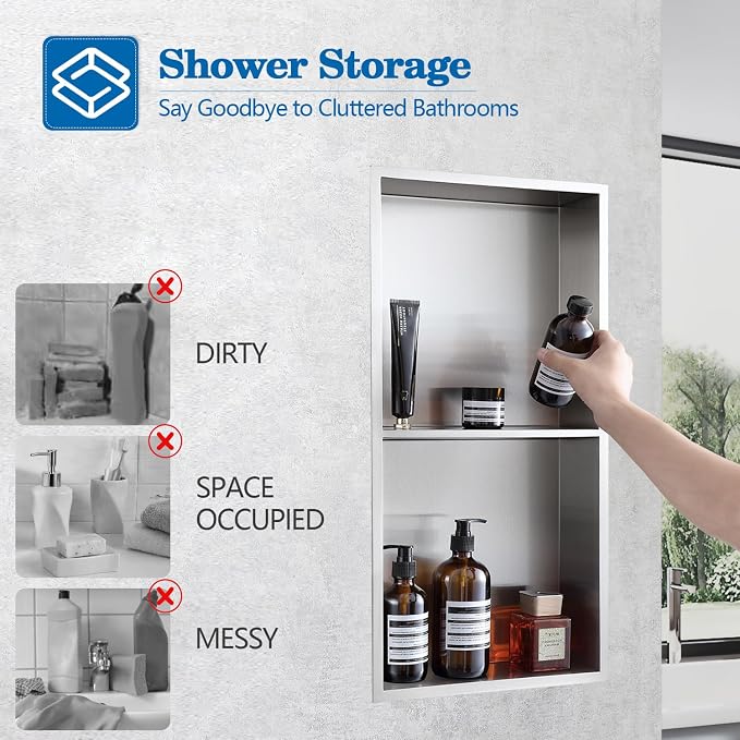 12" x 24" Shower Niche No Tile Needed, 304 Stainless Steel Shower Wall Niche - Image 3