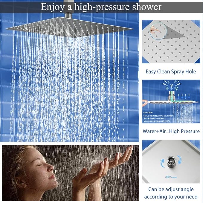 16 Inch Brushed Nickel Ceiling Mount Shower System Bathroom Luxury Rain Mixer - Image 4