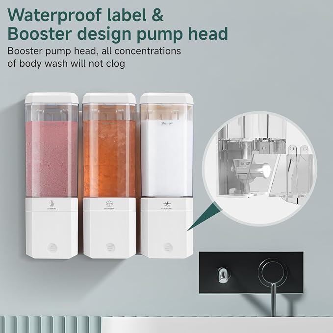 Shampoo and Conditioner Dispenser 3 Chamber No Drill Shampoo Dispenser - Image 4