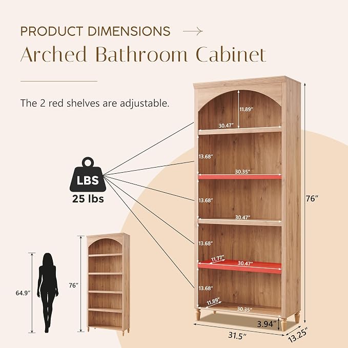76" Tall Arched Bathroom Storage Cabinet, 5 Tiers Large Farmhouse Arched - Image 2