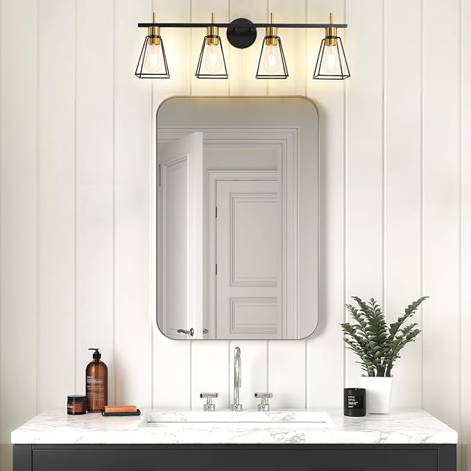 Industrial Bathroom Vanity Lights: 4 Light Black and Gold Vintage Metal Cage - Image 7