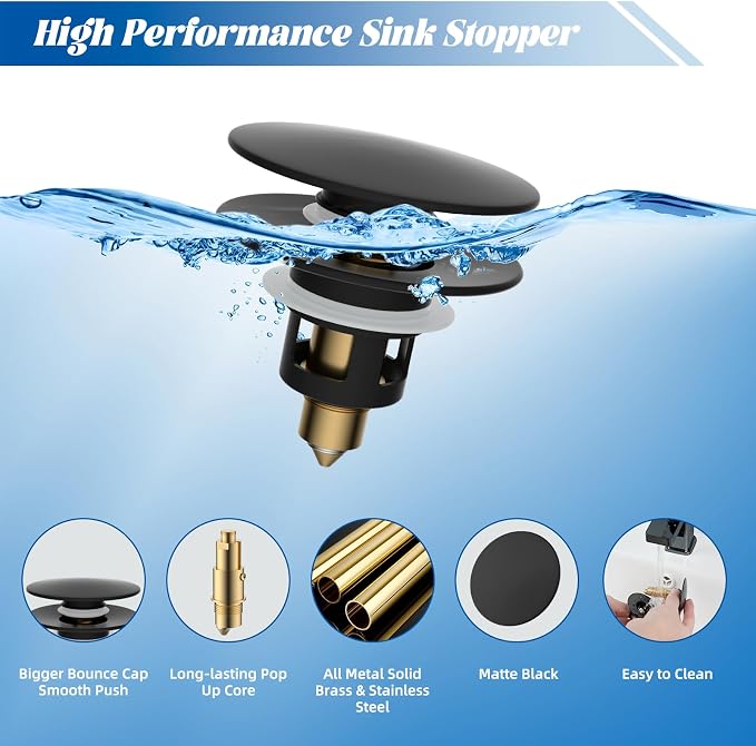 Hibbent 2 Pack All Metal Upgraded Bathroom Sink Stopper, Universal Pop Up Sink - Image 2