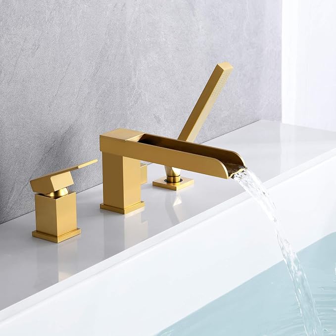 Waterfall Roman Tub Faucets Deck Mount Brushed Gold Bathtub Faucets Brass Tub - Image 3