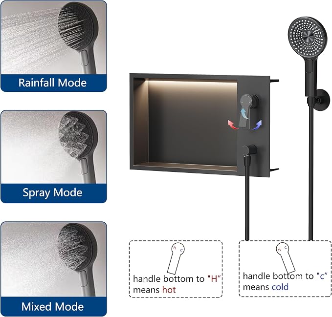Shower Niche with Round Hand Shower, and LED Light in Matte Black/Horizontal - Image 5