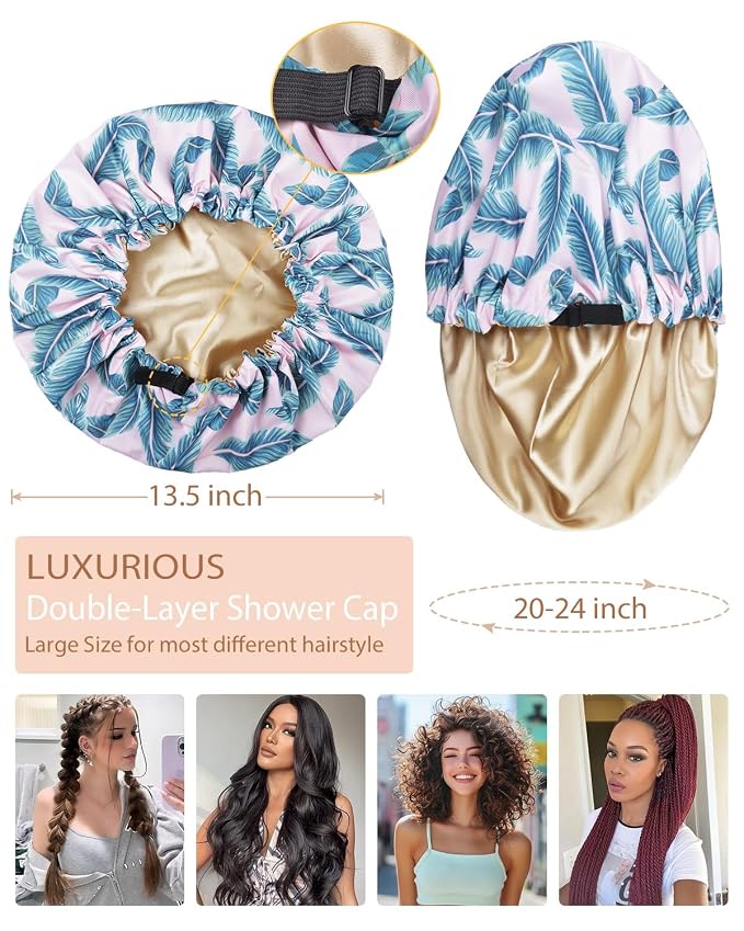 Large Shower Caps for Women Reusable Waterproof Satin Lined Shower Cap - Image 3