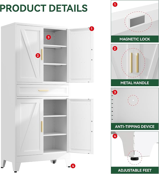 71" Tall Farmhouse Pantry Cabinet, Metal Cabinet - Image 6