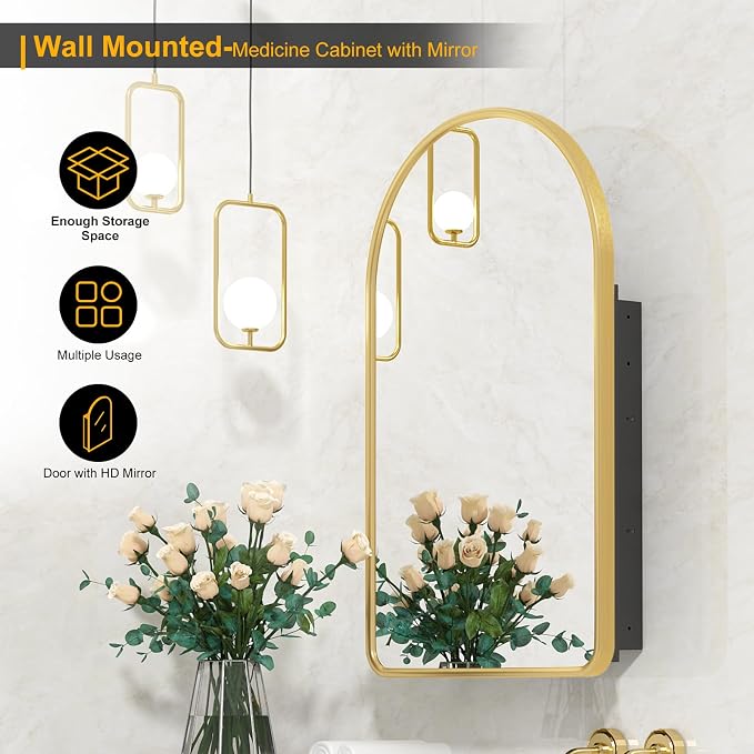 Arched Medicine Cabinet with Mirror, Recessed Medicine Cabinet, Metal Framed - Image 5