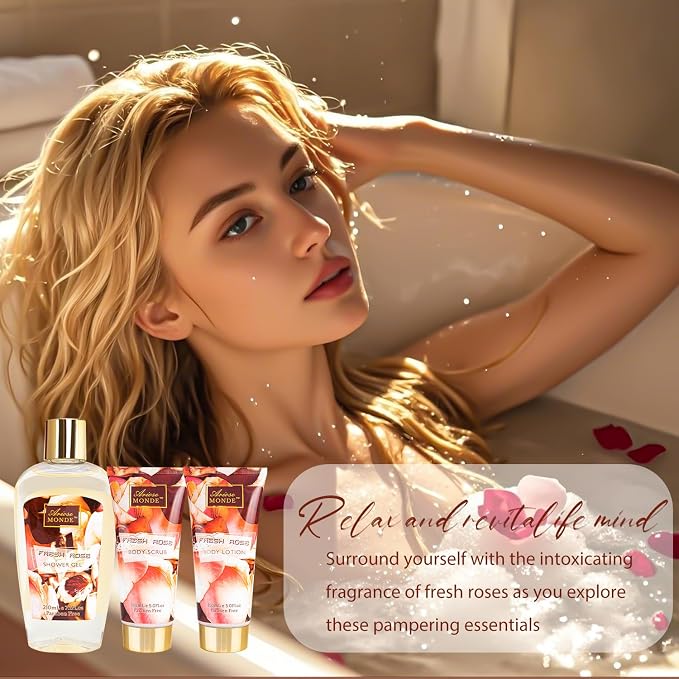 Fresh Rose Spa Gift Set for Women, 8-Piece Relaxing Bath Set - Image 7