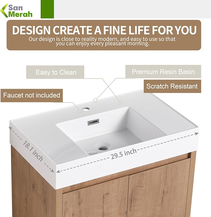 30 inch Bathroom Vanity with Sink, Bathroom Vanity Cabinet W/Resin Sink - Image 3