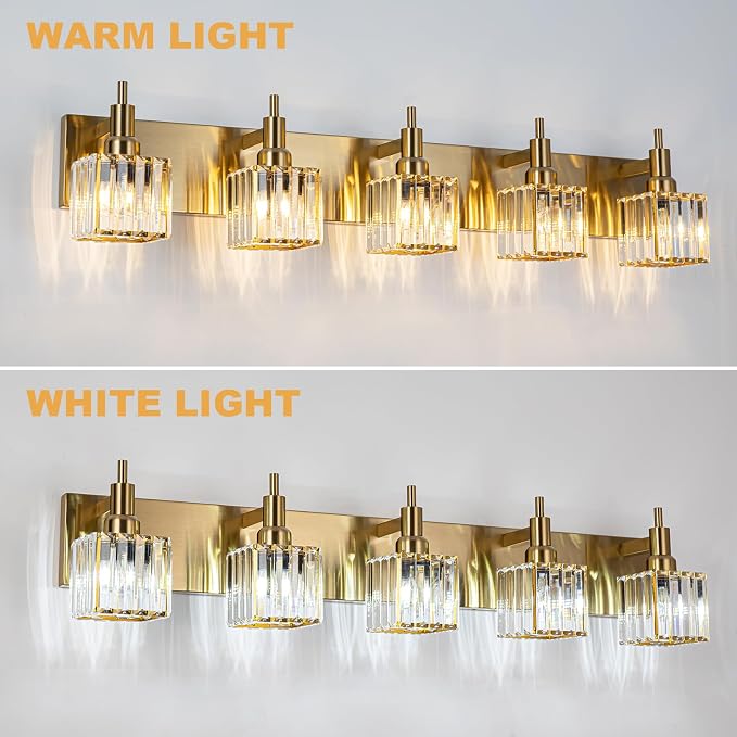 Gold Bathroom Vanity Lights, 5 Lights Crystal Bathroom Lighting Fixtures Over - Image 4