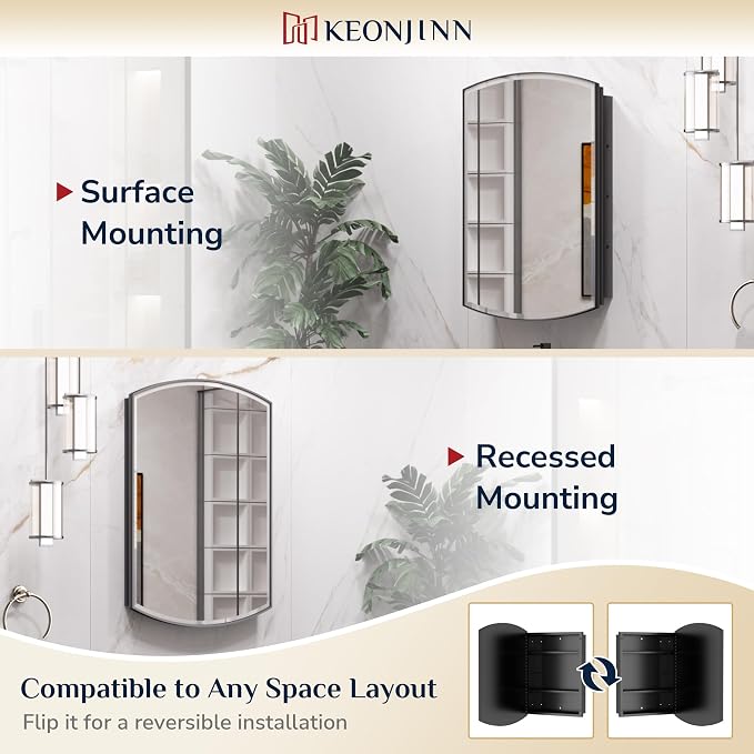 Keonjinn Black Medicine Cabinet 16 x 26 Inch, Surface Mount or Recessed - Image 6