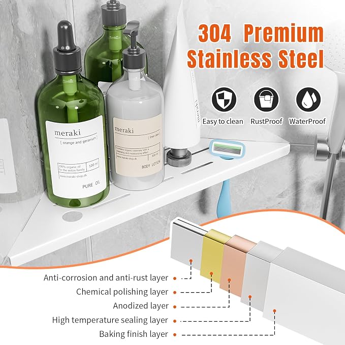 Corner Shower Shelf with Razor Hole, Rustproof Stainless Steel Shower Organizer - Image 4