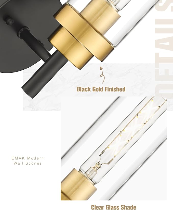 Emak Black and Gold Sconces Wall Decor Set of 2, Bathroom Vanity Light - Image 3