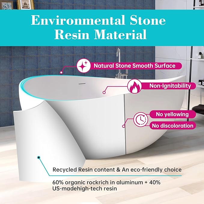 63'' Solid Surface Freestanding Bathtub Matte Soaking Bathtubs Tubs Oval Resin - Image 2