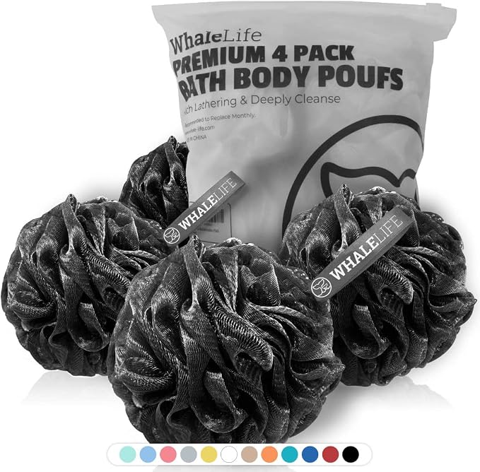Shower Puff 4 Pack Black Bath Sponge Shower Loofahs Pouf Ball Nature Bamboo by WhaleLife
