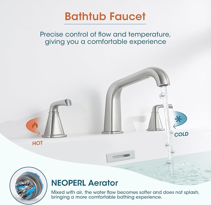 Bathtub Faucet Set 3 Hole, Chrome Roman Bathtub Faucet, High Flow Deck Mount - Image 6
