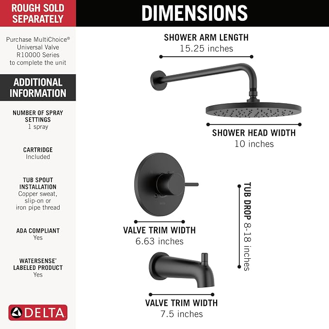Delta Faucet Modern Raincan Round Single-Function Tub and Shower Trim Kit Black - Image 3